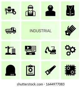 14 industrial filled icons set isolated on white background. Icons set with Tipper, Construction, Systems Integration, gauntlet gloves, concrete mixer, builder, worker icons.