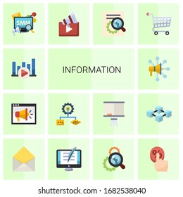14 iconos planos de información establecidos aislados en fondo blanco. Iconos con Bitrato, Video Training, Algoritmo, Redes de Publicidad, Mercadeo de Medios Sociales, Iconos de Video Marketing.