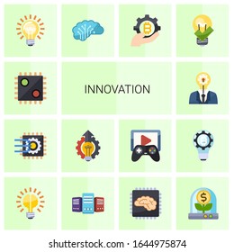 14 innovation flat icons set isolated on white background. Icons set with AI Decision, Machine learning, Innovation business, creativity, Idea, AI Architecture, fintech industry icons.