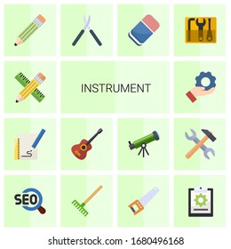 14 instrument flat icons set isolated on white background. Icons set with Pencil & ruler, Sketching, Guitar playing, Services, Pencil, Gardening scissors, Eraser, repair kit icons.