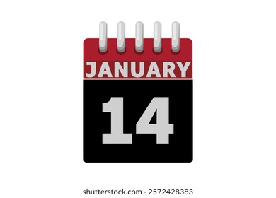 14 January calendar icon text page monthly web design on red, black and white background vector, icon, or illustration with the month of January 14