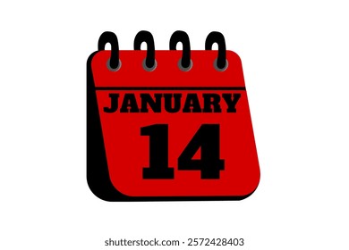 14 January calendar icon text page monthly web design on red, black and white background vector, icon, or illustration with the month of January 14
