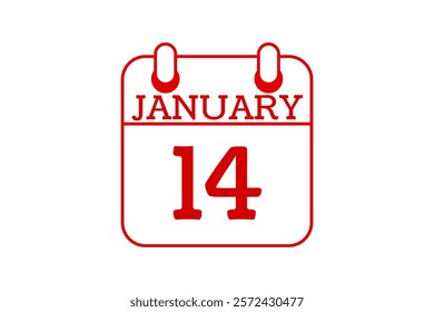 14 January calendar icon text page monthly web design on red and white background vector, icon, or illustration with the month of January 14