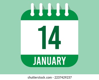 14 January day calendar icon. Calendar page in green color for the days of January. Month design for appointments and anniversaries