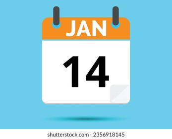 14 January. Flat icon calendar isolated on blue background. Vector illustration.