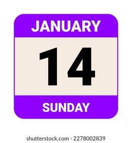 14 January, Sunday. Date template. Useful design for calendar or event promotion. Vector illustration EPS 10 File. Isolated on white background. 