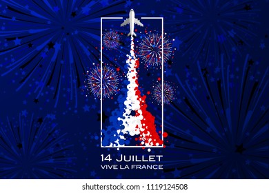 '14 Juillet - Vive la France' is the words for celebrate French Bastille Day in 14th July - The aircraft show the colours of French national flag by the smoke transforms to the Eiffel Tower