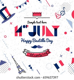 14 July Bastille day abstract background in 80s memphis style. Hipster bright color background. Vector illustration