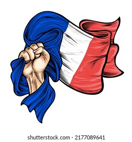 14 July Bastille day flyer, banner or poster. illustration of waving france flag in man`s hand. Vector hand drawn illustration of france national flags