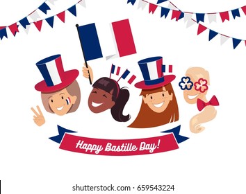 14 July Bastille day flyer, banner or poster. Group of happy girls with  different holiday symbols celebrating Bastille Day, smiling. Holiday and celebration concept. Vector illustration 