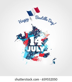 14 July Bastille day flyer, banner or poster. COlorful french map with paint/ink splatters and waving french flag. Holiday and celebration concept. Vector illustration 