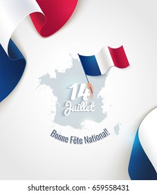 14 July Bastille day flyer, banner or poster. Silhouette of french map and waving french flags. Holiday and celebration concept. Vector illustration 