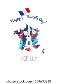 14 July Bastille day flyer, banner or poster. Colorful french map with paint/ink splatters, eiffel tower and waving french flag. Holiday and celebration concept. Vector illustration 