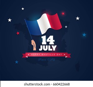 14 July Bastille day flyer, banner or poster. Holiday background with waving flag in man`s hand and map. Vector flat illustration