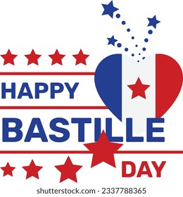 14 of July Bastille day France lettering with star burst Concept, Heart, Fireworks and Text Vector Icon Design, Bastille Day Symbol, National day of France Sign, French Revolution Stock illustration