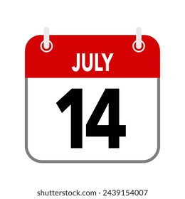14 July, calendar date icon on white background.