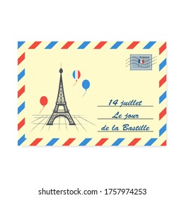 14 July French National Day. Envelope Happy Bastille Day. Vector illustration

