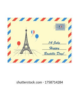 14 July French National Day. Envelope Happy Bastille Day. Vector illustration

