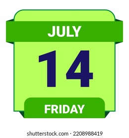 14. Juli, Freitag. Datumsvorlage. Nützliches Design für Kalender- oder Veranstaltungswerbung. EPS10 Datei, Vektorgrafik. Einzeln auf weißem Hintergrund.