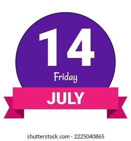 14 July, Friday. Date template. Useful design for calendar or event promotion. Vector illustration EPS 10 File. Isolated on white background.