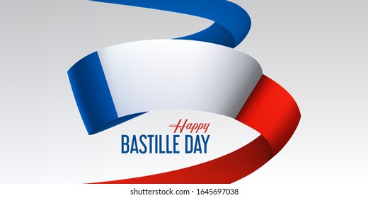 14 July Happy Bastille day congratulation with flying national flag of France. Red, white, blue design isolated on a white background.