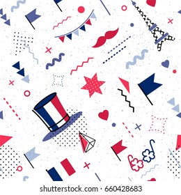 14 July Happy Bastille Day abstract background in 80s memphis style. Seamless memphis pattern for posers and cards. Colors of france national flag. Vector illustration