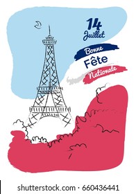 14 july Happy Bastille Day flyer, banner or poster. Holiday background with eiffel tower sketch and french flag background. Vector hand drawn illustration