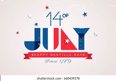 14 July Happy Bastille Day abstract background in 80s memphis style. July letters in french national colors. Vector illustration