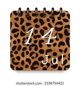 14 July. Leopard print calendar daily icon. White letters. Date day week Sunday, Monday, Tuesday, Wednesday, Thursday, Friday, Saturday.