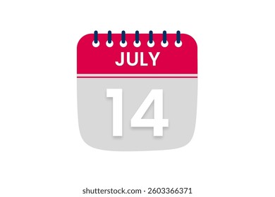 14 July month single day vector, illustration, calendar with red, off white and white color background calendar July 14