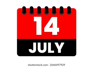 14 de julio Mes Vector de un solo día, ilustración, calendario con rojo, negro y blanco Icono de calendario de fondo de color del 14 de julio