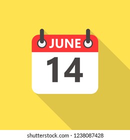 14 june calendar flat style icon with long shadow.