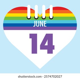 14 June calendar icon pride color heart shape on light sky blue color background, calendar vector symbol for the month of  June.