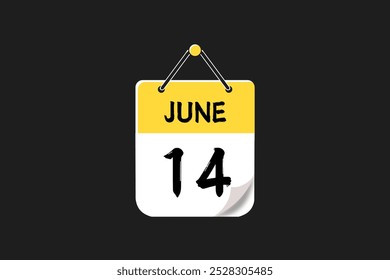 14 June calendar icon text page monthly web design on yellow, red, black, and white background vector, icon, or illustration with the month of June 14