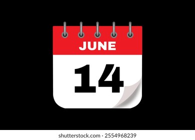 14 June calendar icon text page monthly web design on red, white and black background vector, icon, or illustration with the month of June 14