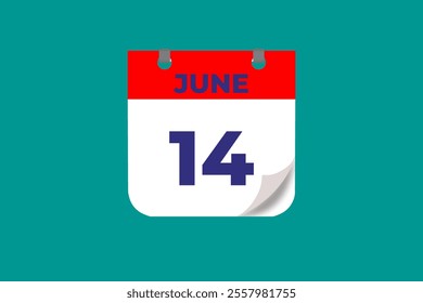 14 June calendar icon text page monthly web design on red, and blue background vector, icon, or illustration with the month of June 14