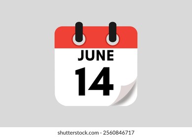 14 June calendar icon text page monthly web design on red, white, black and ash background vector, icon, or illustration with the month of June 14