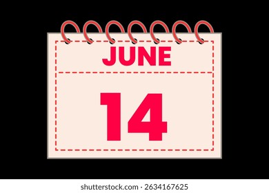 14 June calendar icon text page monthly web design on red, rose and black background vector, icon, or illustration with the month of June 14