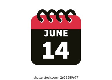 14 June calendar icon text page monthly web design on red, black and white background vector, icon, or illustration with the month of June 14