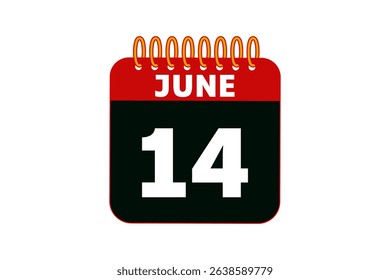 14 June calendar icon text page monthly web design on red, black and white background vector, icon, or illustration with the month of June 14