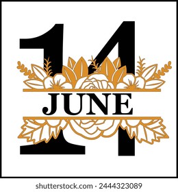 14 de junio Diseño de Vector de conteo de silueta dividida floral | Diseño de impresión | Cortar archivo | Diseño de camiseta | Regalo de cumpleaños