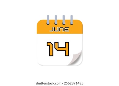 14 June month single day vector, illustration, calendar with yellow, black and white color background calendar June 14