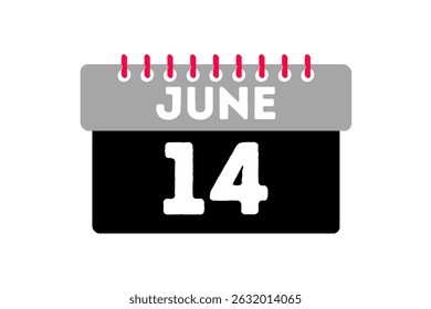 14 de junio mes Vector de un solo día, ilustración, calendario con ceniza, negro, rojo y blanco color de fondo icono de calendario del 14 de junio
