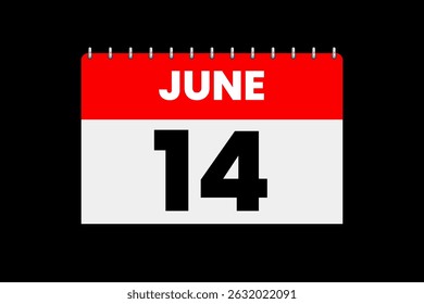 14 June month single day vector, illustration, calendar with red, off-white and black color background calendar icon of June 14