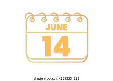 14 June month single day vector, illustration, calendar with orange, yellow, brown and white color background calendar icon of June 14