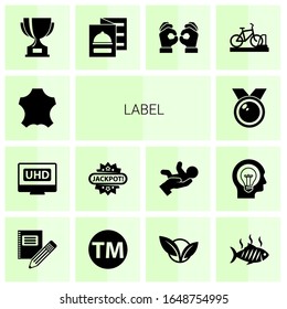 14 label filled icons set isolated on white background. Icons set with leather, 4K Streaming, Jackpot, medal, reward, restaurant menu, Handmade, bicycle parking, Stationery icons.