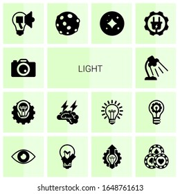 14 light filled icons set isolated on white background. Icons set with Photo services, Creative process, Brain storm, Table lamp, Creative campaign, moon, stars, Electrical service icons.