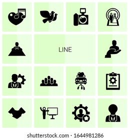 14 line filled icons set isolated on white background. Icons set with director, manager, employee, client, music, Dove, wedding photography, Wedding, partnership, coach icons.
