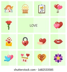 14 love flat icons set isolated on white background. Icons set with rose, love message, heart lock, cupid angel, flower basket, social media strategy, balloons, dove, Valentines Day icons.