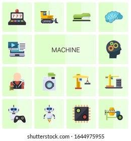 14 machine flat icons set isolated on white background. Icons set with Systems Integration, tailor, Laundry service, Cognitive Science, slot machine, bulldozer, Stapler icons.